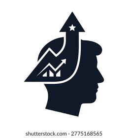 A silhouette of a human head in profile, featuring an upward-trending graph and an arrow pointing skyward with a star, symbolizing growth, progress, and intellectual achievement.