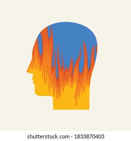 Silhouette eines menschlichen Kopfes im Profil mit einem heißen Feuer drinnen. Dekoratives Vektorbanner, Symbol, Logo oder Avatar. Vektorgrafik eines brennenden Kopfes, eines Zorns, Stress, einer Krise, einer Panik, Kopfschmerzen, Reizung