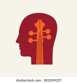 Silhouette of a human head in profile with a neck of violin inside. Musical icon in flat style. Decorative vector banner, icon, logo or avatar