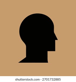 Uma silhueta de uma cabeça humana de perfil, colocada contra um fundo bronzeado. Este design simples e minimalista representa identidade, pensamento e a forma humana.