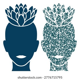 Silhouette of a human head profile wearing floral crown, solid dark blue and textured teal.