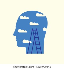 Silhouette of human head in profile with white clouds and black stepladder on the background of blue sky. Decorative vector illustration, icon, avatar or logo