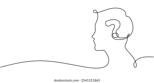 Silhouette of a human head with a question mark inside in a continuous one line drawing. Concept of inspiration and ideas. Hand-drawn minimalist design.