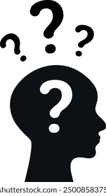 Silhouette of human head with question marks inside and above