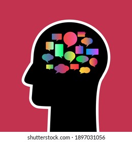 silhouette of a human head with questions, answers and internal dialogues. psychology concept. vector illustration isolated