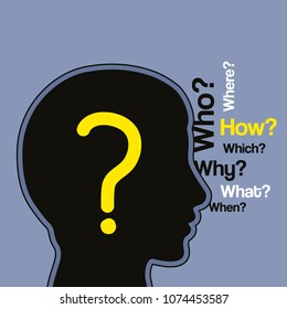 Silhouette human head with a lot of questions. Vector.
