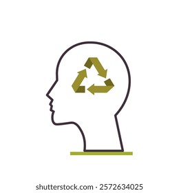 A silhouette of a human head with a recycling symbol inside, symbolising eco-conscious thinking and respect for nature. A concept of preserving the environment. Ecological zero waste lifestyle. Vector