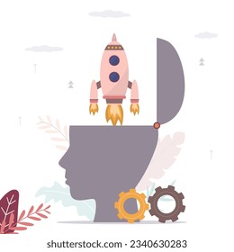 Silhouette of human head with rocket launch. Brainstorming, idea, mind boost. Startup development, pitching ideas. Founder launch new project. flat vector illustration