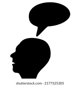 Silhouette of human head with speech bubble from brain isolated on white background. Vector design element.