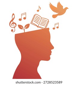 Silhueta de uma cabeça humana com símbolos de conhecimento, música e liberdade emergindo