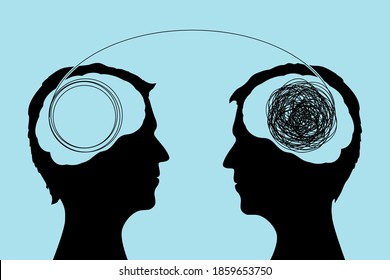 Silhouette of human head with a tangled ball of thread inside. Psychology and mental health. Vector illustration