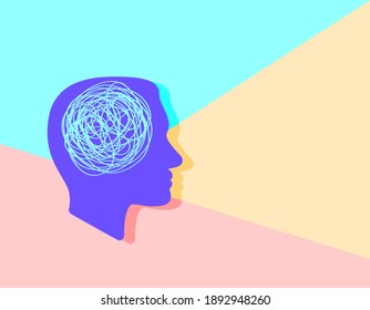 silhouette of human head with tangled line inside, like brain. concept of chaotic thought process, confusion, personality disorder and depression. pink and blue background