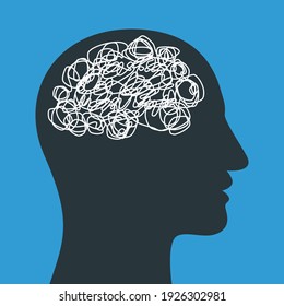 Silhouette of human head with tangled line inside, like brain. Concept of chaotic thought process, confusion, personality disorder and depression. Vector illustration.
