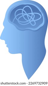 Silhouette de la cabeza humana con la línea enredada dentro, como el cerebro. Concepto de proceso de pensamiento caótico, confusión, trastorno de personalidad y depresión. Ilustración vectorial.