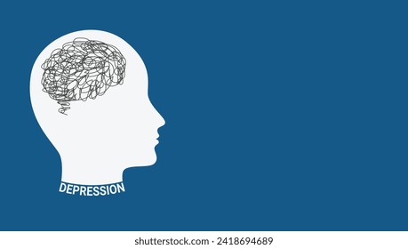 Silhouette of human head with tangled line inside. Mental health concept. Depression, bipolar disorder, obsessive compulsive, post traumatic stress disorder. Vector illustration.