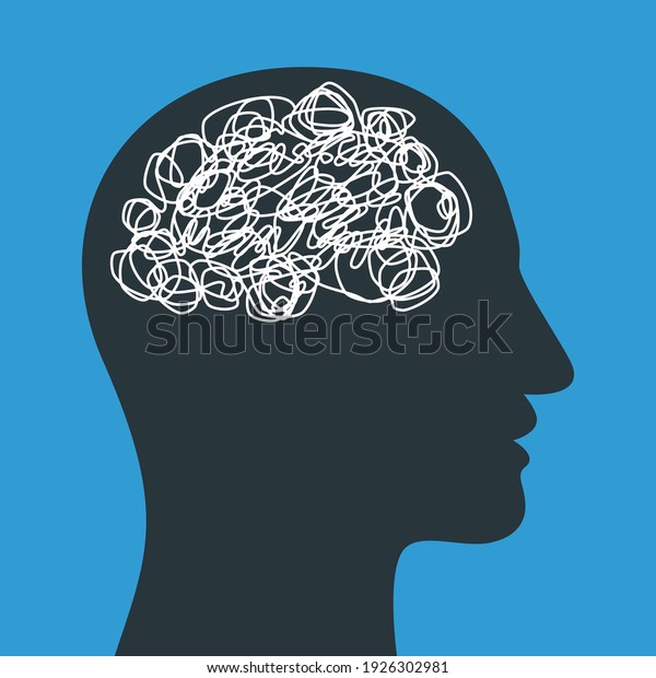Silhouette of human head\
with tangled line inside, like brain. Concept of chaotic thought\
process, confusion, personality disorder and depression. Vector\
illustration.
