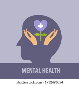 Silhouette of human head with two hands and heart shape flower inside. Mental health care concept vector illustration. Psychological therapy and treatment. Mind care in flat design.