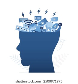 Silhouette of human head with various social media signs. Addiction from social network and internet. Overload mind need turn off smart gadgets and digital detox. Mental unhealthy brain. flat vector