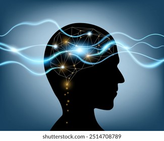 Silueta de una cabeza humana con ondas y rayos de luz a través del cerebro. Ilustración vectorial de stock