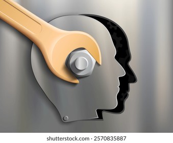 Silhouette of a human head with a wrench tool and nut. Vector illustration