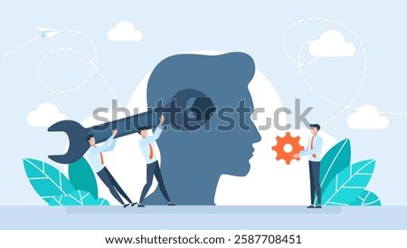 Silhouette of a human head with a wrench tool and nut. Change mindset, entrepreneur holding a wrench to modify gear cogs on a human head as a metaphor for mindset. Vector illustration