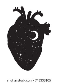 Silhouette of human heart with universe inside. Crescent moon and stars. Sticker, print or tattoo design vector illustration isolated