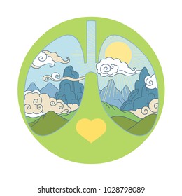 Silhouette of human lungs with alpine landscape in blue and green tones. Vector illustration 