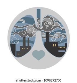 Silhouette of human lungs with industrial landscape in dark grey tones. Vector illustration 