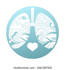 Silhouette of human lungs with sea landscape in blue tones. Vector illustration