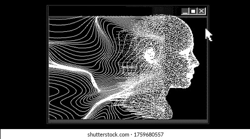 Silhouette of a human made in pixel art style. Conceptual image of AI (artificial intelligence), VR (virtual reality), Deep Learning  and Face recognition systems.