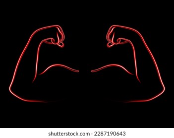 Silhouette of human muscles. Vector isolated illustration of human strength demonstration. Neon male muscles. Bodybuilding.