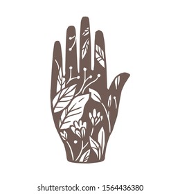 Silhouette of human open hand with drawing flower bouquet, plants, foliage and leaves on the palm. Vector creative concept for logotype, label or emblem. Sketch freehand drawing illustration
