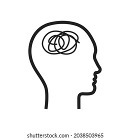 Silhouette human profile with messy line in head - metaphor of chaotic, rapid, racing thoughts. Concentration difficulty, anxiety disorders, OCD, ADHD and other mental illness.