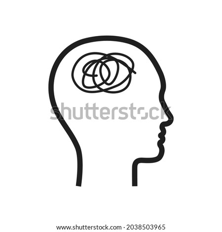 Silhouette human profile with messy line in head - metaphor of chaotic, rapid, racing thoughts. Concentration difficulty, anxiety disorders, OCD, ADHD and other mental illness. Photo stock © 