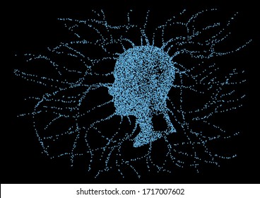 Silhouette of a human profile with wires going outside the head like the neural networks, axons and dendrites. The subject of mind, mental powers and Artificial intelligence.