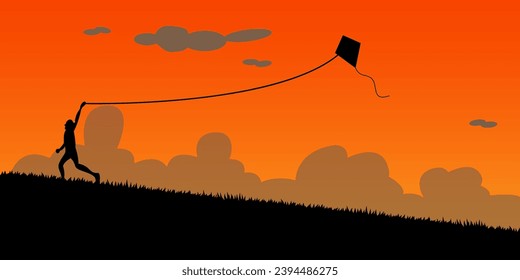 Silhouette of human running with flying kite in the sky with cloud background.