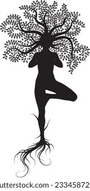Silueta de árbol de forma humana con ilustración de hojas.