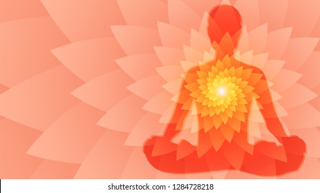 Silhouette of human sitting in the lotus position on fractal background. Meditation, yoga, trans