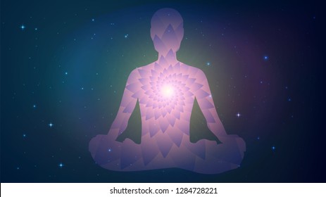 Silhouette of human sitting in the lotus position on cosmos background. Meditation, yoga, trans
