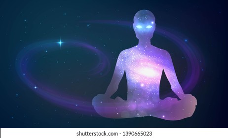 Silhouette of human sitting in the lotus position on cosmos background. Meditation, yoga, trans