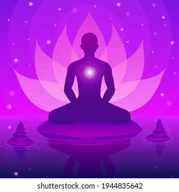 Silhouette human sitting and meditation on fantasy lotus background, vector illustration