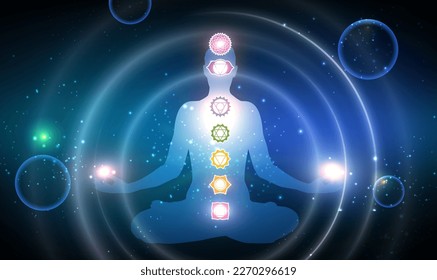 La silueta de los humanos sentados en el loto del yoga posan y se relacionan con la meditación profunda. Yoga en la posición lotus en el espacio meditativo. Chakras de meditación. Fondo del espacio profundo con meditación de hombre.Vector