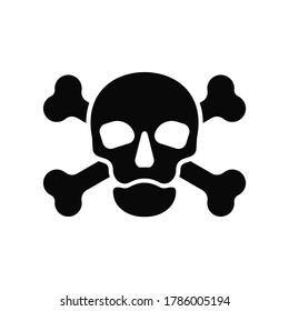 Silhouette human skull in full face and crossbones. Isolated illustration in flat style on white background. Poison sign and symbol for design. An image of danger to humans. Icon of hazard to life.
