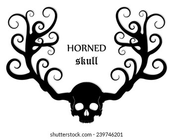 silhouette human skull with ornamental horns/ vector illustration