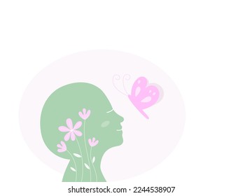 A silhouette of human smilling and happy emotion with flowers and butterfly, mental health concept. flat vector illustration.