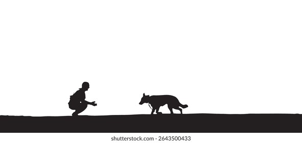 Silhouette of Human Squatting and Reaching Toward Walking Dog Outdoors