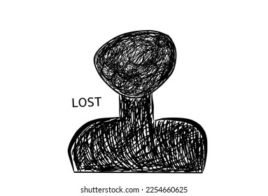 Silhouette of human with text "Lost" on white background. Mental health concept.