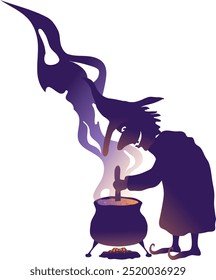 the silhouette of a hunched witch over a poisonous brew in a pot. Vector illustration is a sketch for the Halloween holiday to insert into your pictures or to decorate the interior of the Halloween