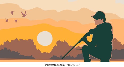 Silhouette of the hunter on a background of sunset. In the sky silhouettes of flying ducks.