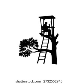Silueta de un cazador en un soporte de árbol con vistas al follaje